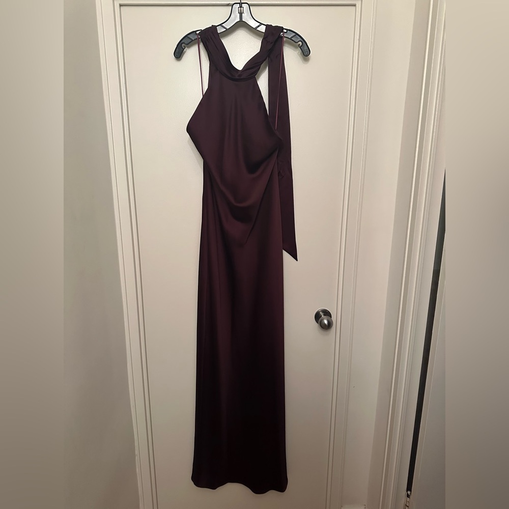 Halter neck , open back Satin Maxi Dress in Deep Cabernet